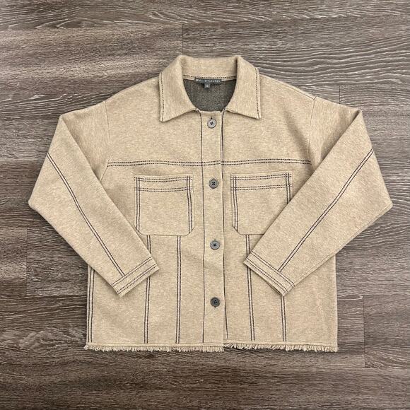 EUC Elliott Lauren Beige Top Stitch Button Front Sweater Jacket Sz M Fringe Hem - Picture 2 of 16